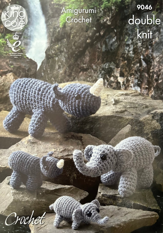 Crochet Pattern 9046 - Mother & Baby Elephants & Rhinos in DK