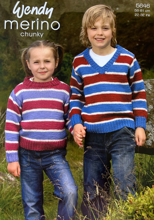 Knitting Pattern 5646 - Round & V Necked Stripe Sweater in Chunky