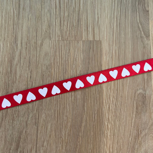 Double Faced Satin Ribbon 10mm - Red with White Hearts