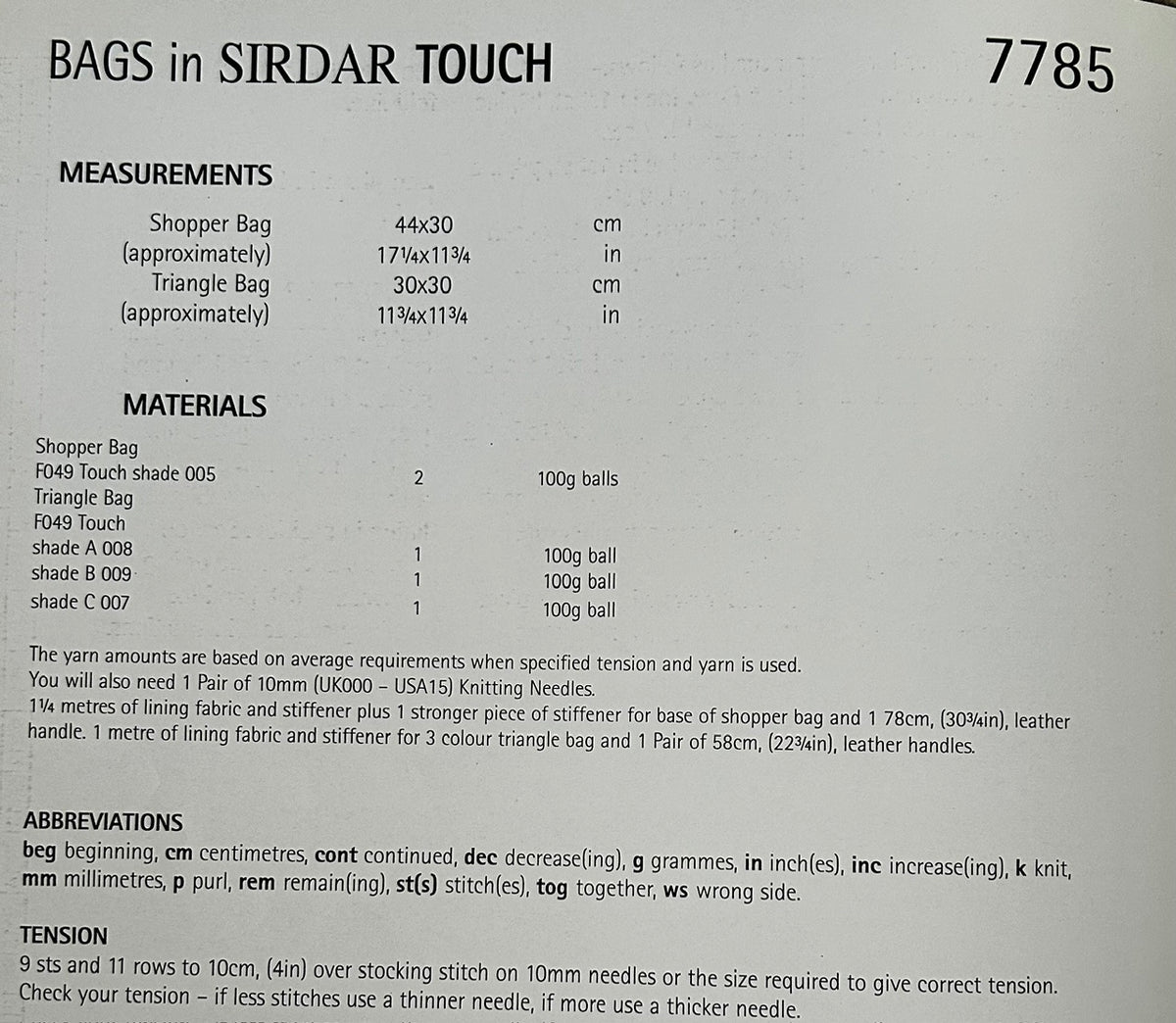 Knitting Pattern 7785 - Bags in Sirdar Touch Chunky