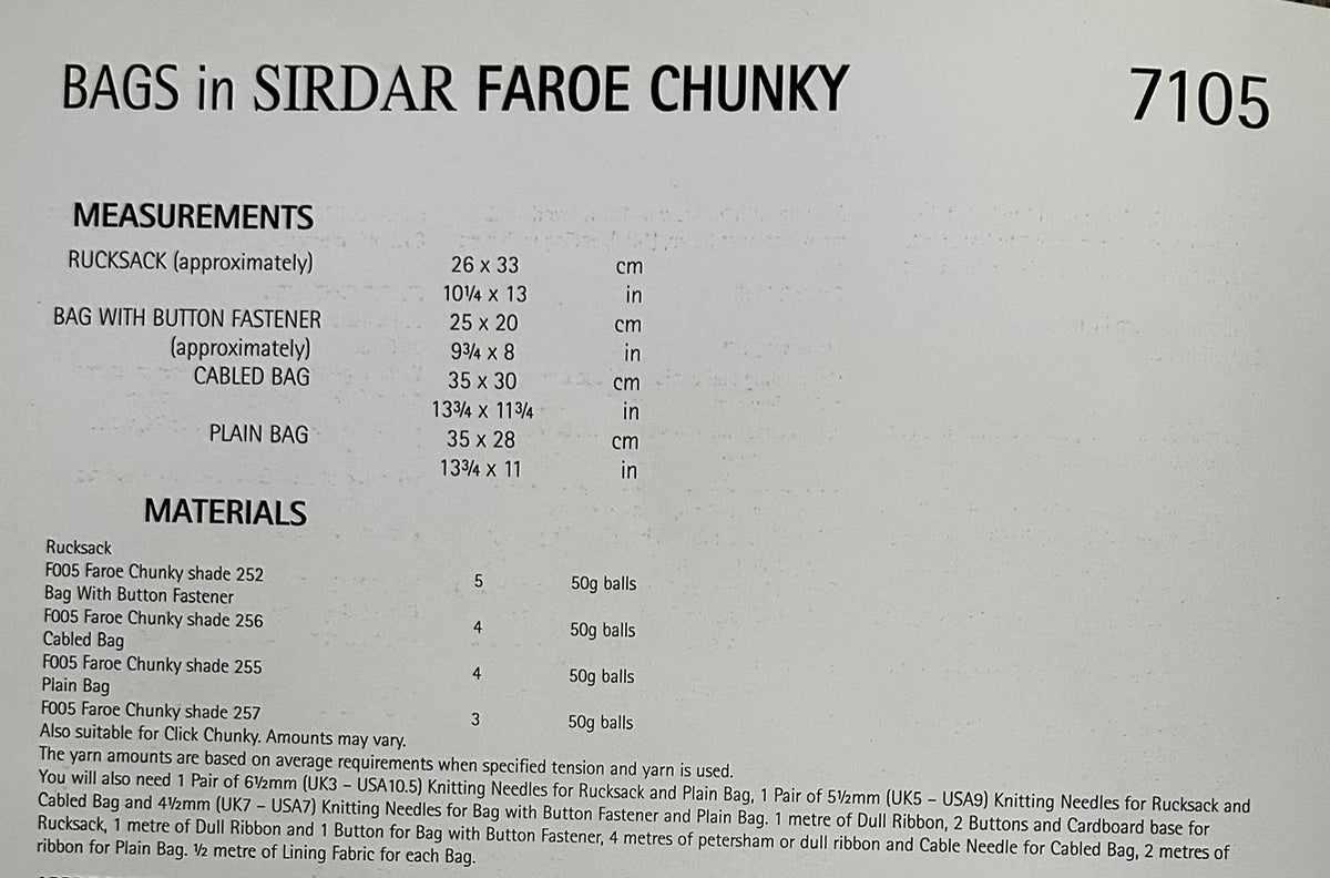 Knitting Pattern 7105  - Bags in Faroe Chunky