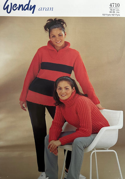 Knitting Pattern 4710 - Teenagers Ribbed Polo Neck & Striped Zip Neck Sweaters in Aran