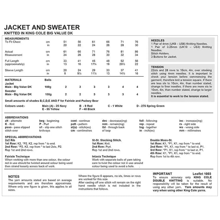Knitting Pattern 1003 - Pudsey Bear Sweater & Jacket in DK - Children In need