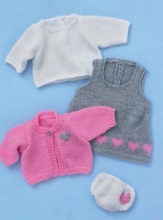 Knitting Pattern 2485 - Baby Dolls Pinafore, Top, Cardigan & Pants in Bonus DK