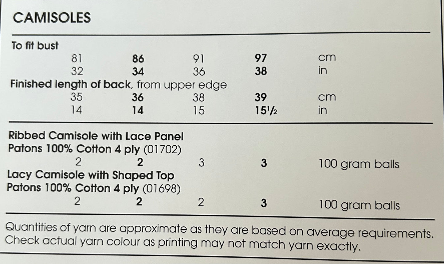 Knitting Pattern 3055 - Camisoles in Cotton 4 Ply