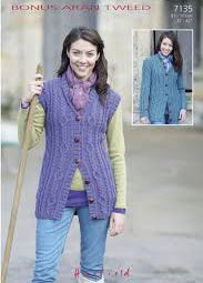 Knitting Pattern 7135 - Cardigan & Waistcoat in Bonus Aran Tweed