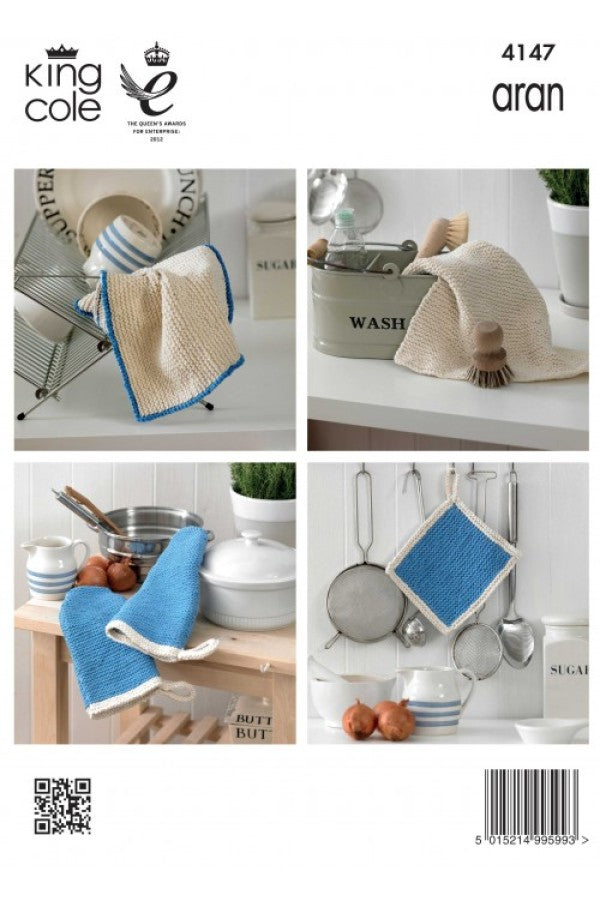 Knitting Pattern 4147 - Dish Cloth, Oven Mitts, Pan Holder & Hand Towel in Cotton Aran