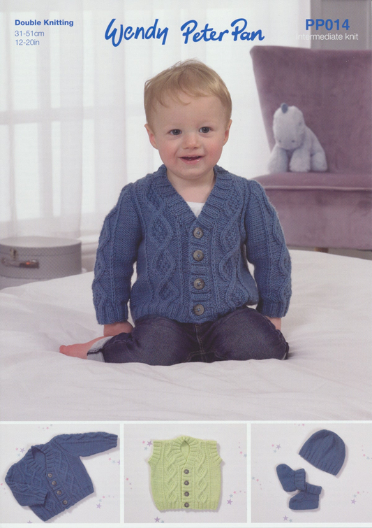 Knitting Pattern PP014 - Babies Cardigan, Hat, Booties, & Vest in Peter Pan DK