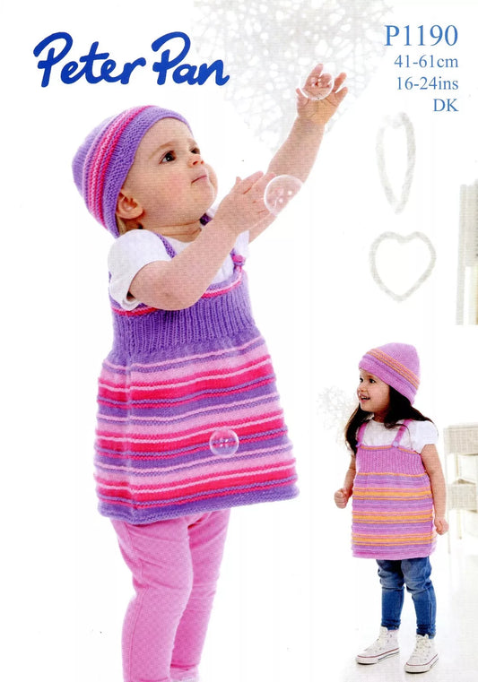 Knitting Pattern P1190 - Striped Pinafore Dress & Hat in Peter Pan DK