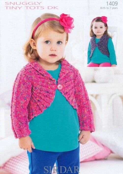 Knitting Pattern 1409 - Bolero Style Cardigan & Waistcoat in Tiny Tots DK