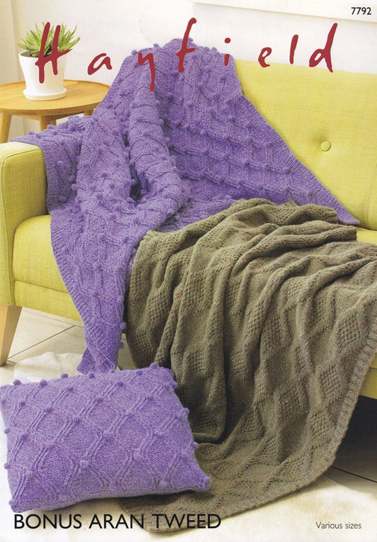 Knitting Pattern 7792 - Blankets & Cushion Cover in Bonus Aran Tweed