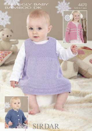 Knitting Pattern 4470 - Pinafore Dress & Cardigans in Snuggly Baby Bamboo DK