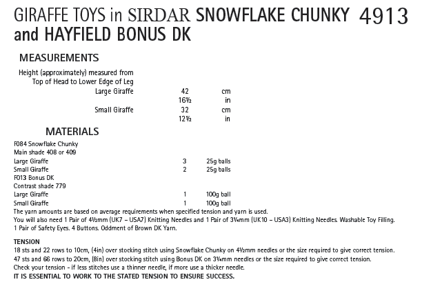 Knitting Pattern 4913 - Giraffe in Snuggly Snowflake Chunky & Bonus DK