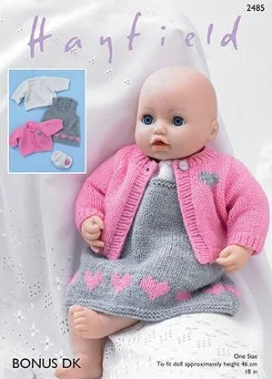 Knitting Pattern 2485 - Baby Dolls Pinafore, Top, Cardigan & Pants in Bonus DK