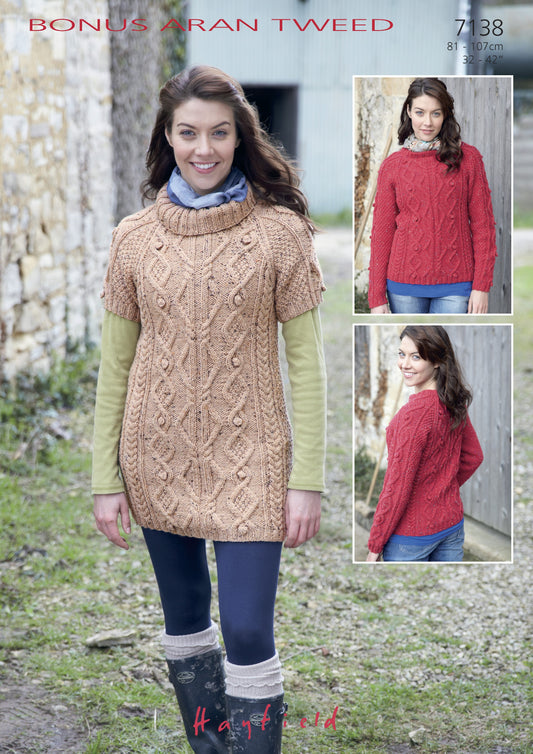 Knitting Pattern 7138 - Sweater & Tunic in Bonus Aran Tweed
