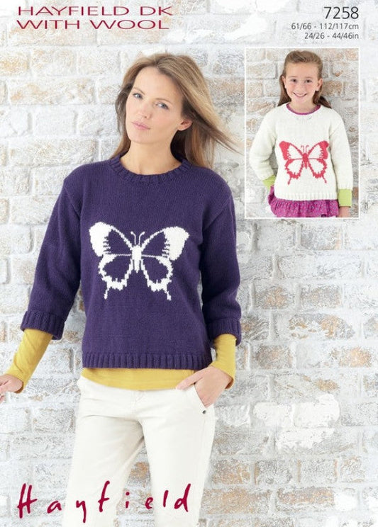 Knitting Pattern 7258 - Girls & Womans Butterfly Sweater in DK