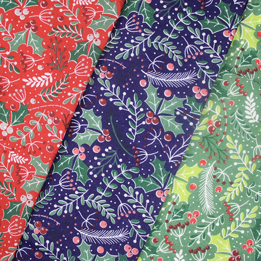 FLORAL HOLLY BERRIES POLYCOTTON - Choice of 3 colours