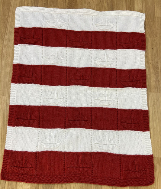 BABY BLANKET - HAND KNITTED - Red & White - Boats