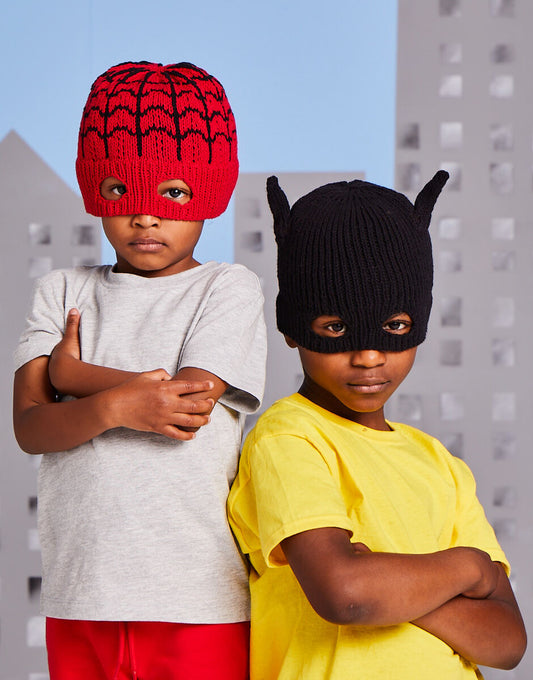 Knitting Pattern 2619 - SUPER HERO HATS IN SNUGGLY REPLAY DK