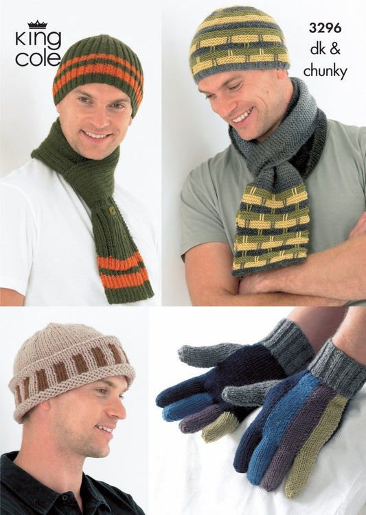 Knitting Pattern 3296 - Men’s Hats, Scarves and Gloves Knitted in any King Cole DK and Chunky