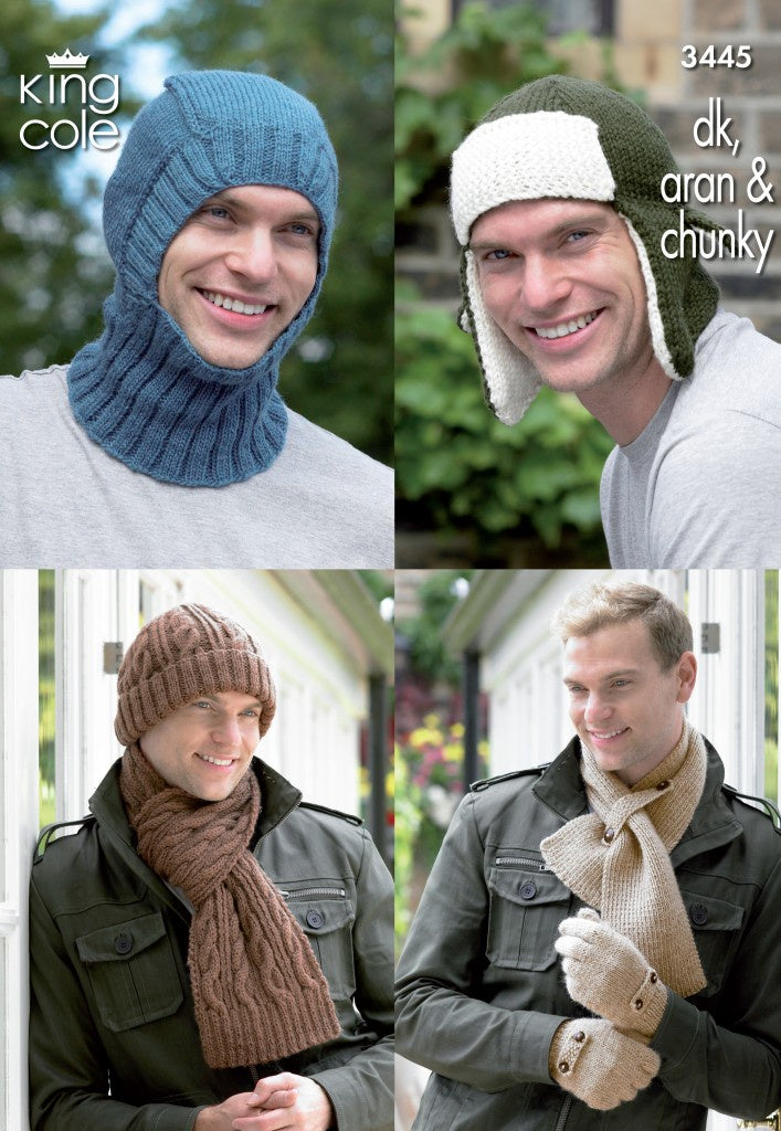 Knitting Pattern 3445 - Men’s Hats, Balaclava, Scarves and Gloves Knitted in any King Cole DK/Aran/Chunky