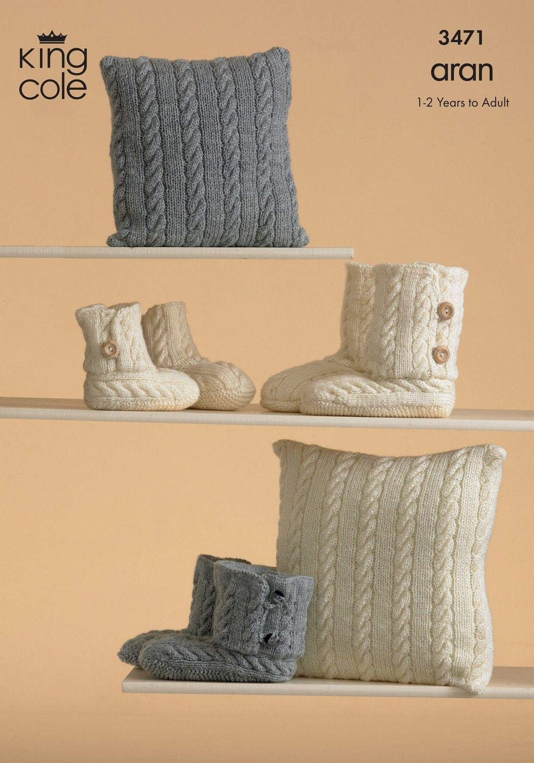 Knitting Pattern 3471 - Slippers and Cushions in King Cole Fashion Aran