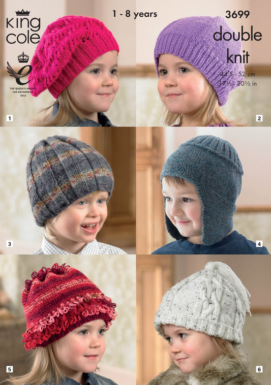Knitting Pattern 3699 - Hats Knitted in any King Cole DK