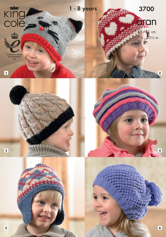 Knitting Pattern 3700 - Hats Knitted in any King Cole Aran