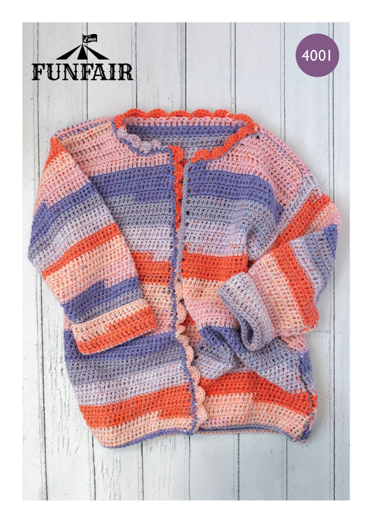 Knitting Pattern 4001 - Child's Comfy Crochet Cardigan In Emu Funfair Swirl DK