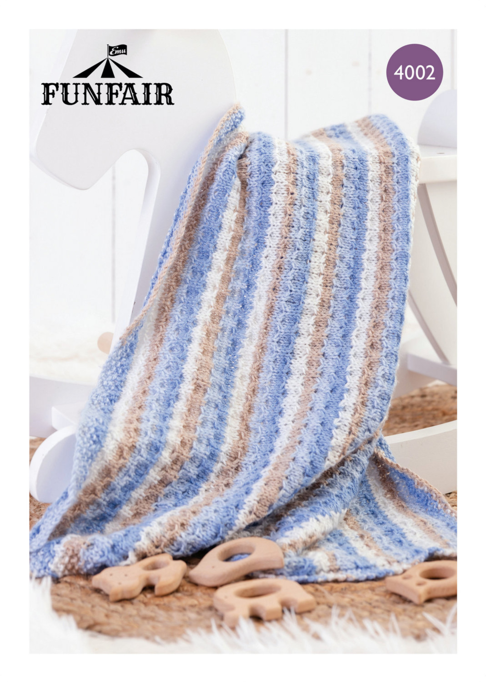 Knitting Pattern 4002 - Stripey Moss Stitch Cot Blanket In Emu Funfair Swirl DK