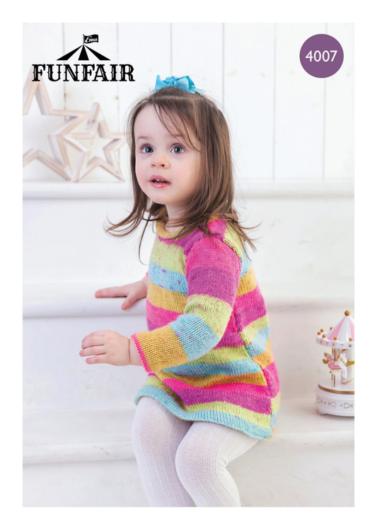 Knitting Pattern 4007 - Girl's Little Swirl Dress In Emu Funfair Swirl DK