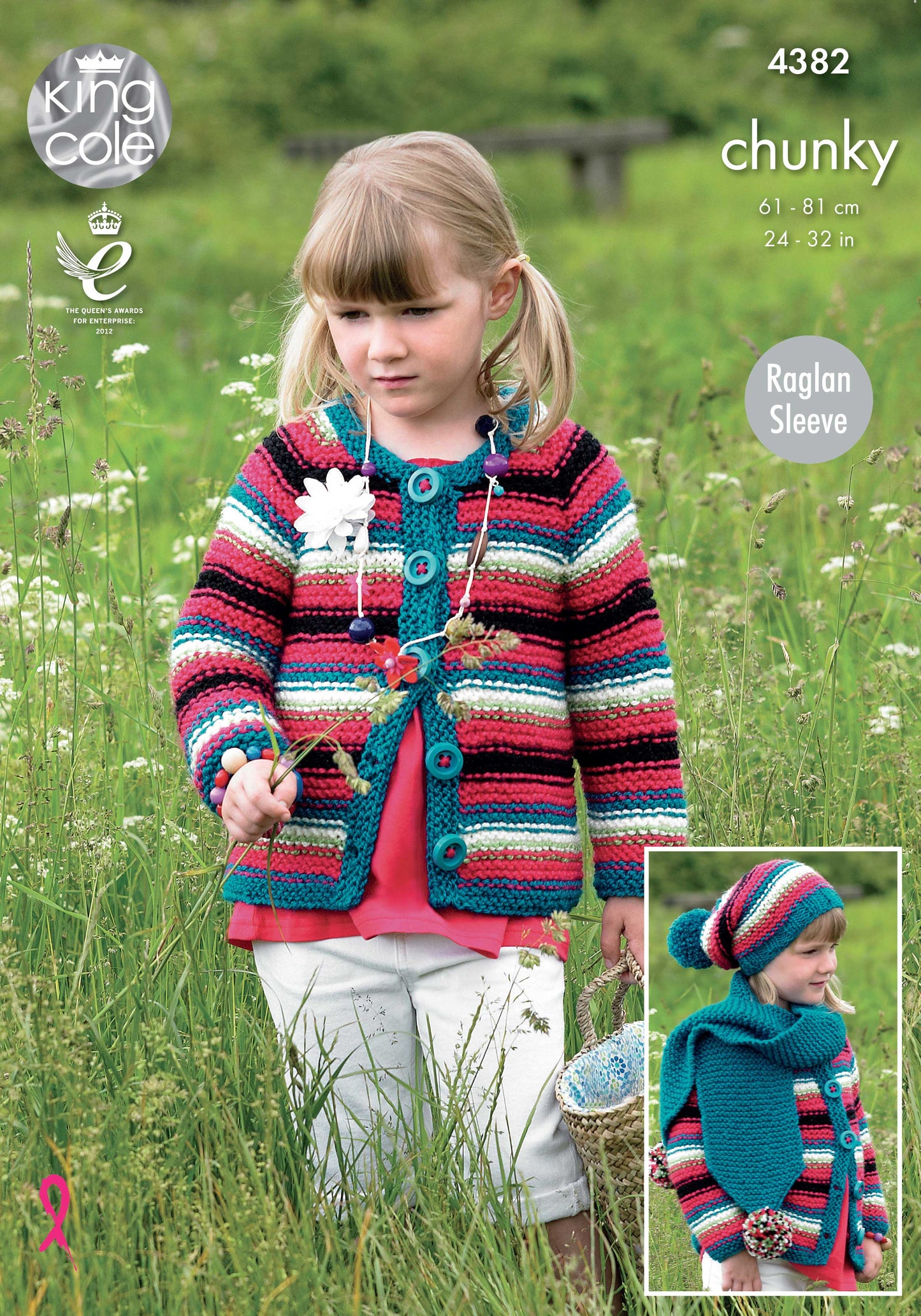 Knitting Pattern 4382 - Child’s  Dress, Cardigan, Hat and Scarf Knitted with Big Value Chunky