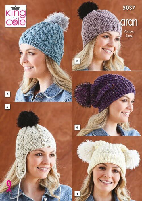 Knitting Pattern 5037 - Hats Knitted in Fashion Aran