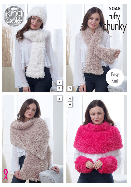 Knitting Pattern 5048 - Scarves, Wrap, Should Cover, Hat & Wrist Warmers in Tufty