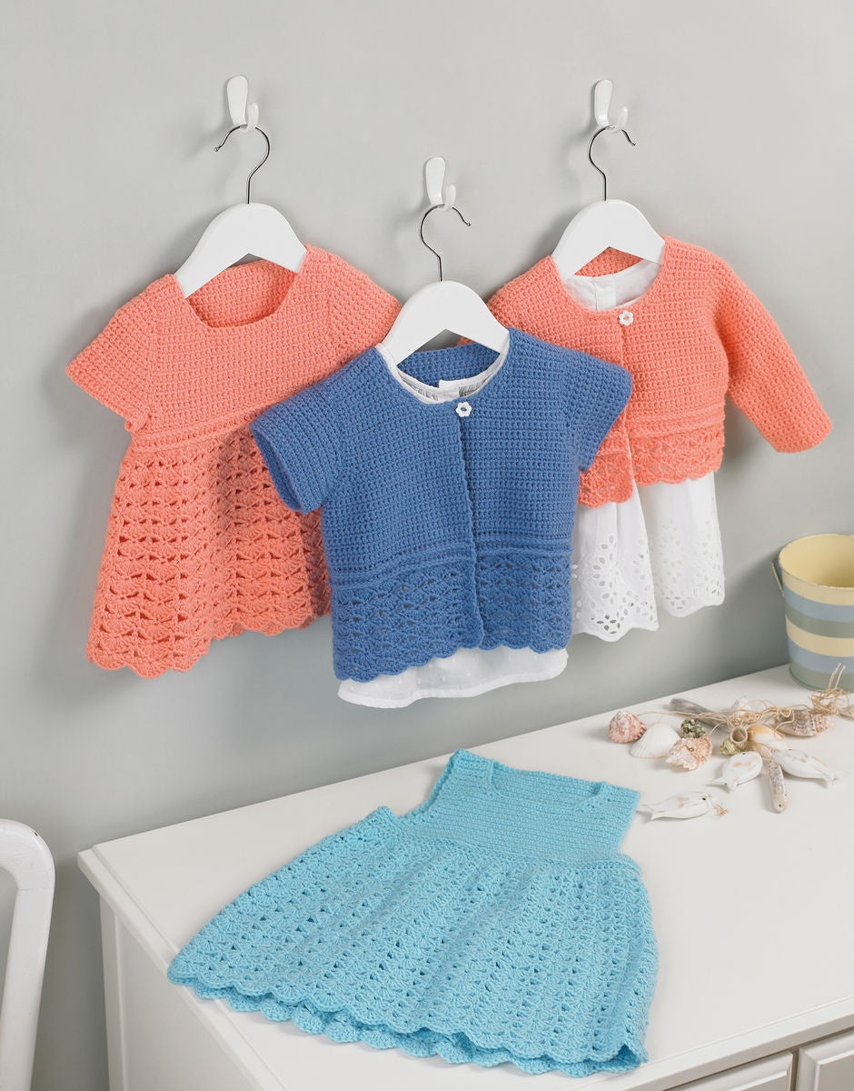 Crochet Pattern 5205 - GIRL'S PINAFORE, DRESS & CARDIGANS IN SNUGGLY DK