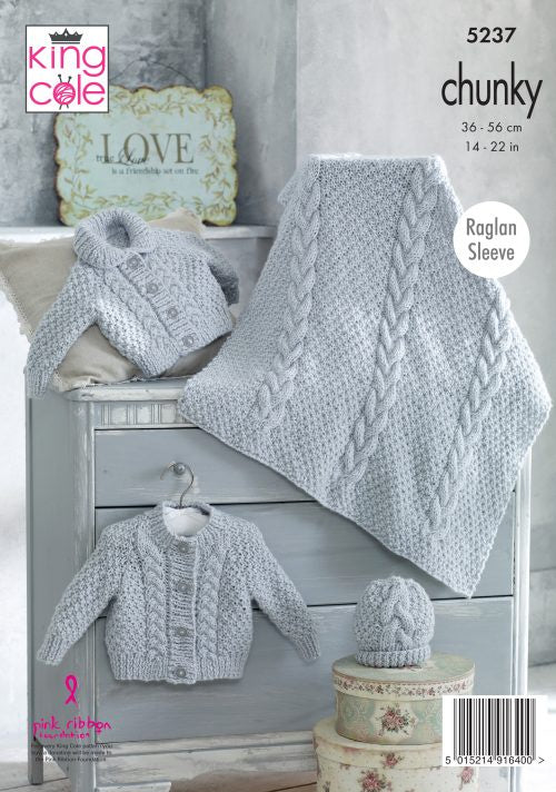 Knitting Pattern 5237 - Blanket, Cardigans & Hat in Chunky