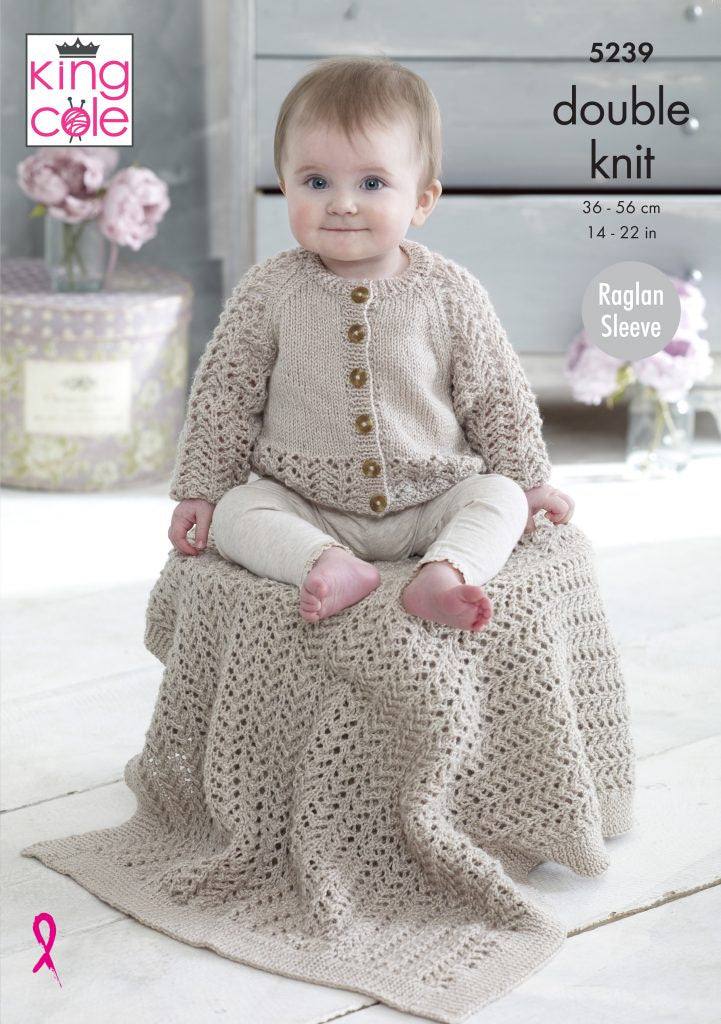 Knitting Pattern 5239 - Raglan Cardigan, Blanket & Hat Knitted in Baby Glitz DK