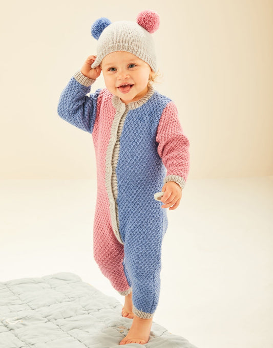 Knitting Pattern 5490 - HALF N HALF ROMPER AND POM POM HAT IN SNUGGLY DK