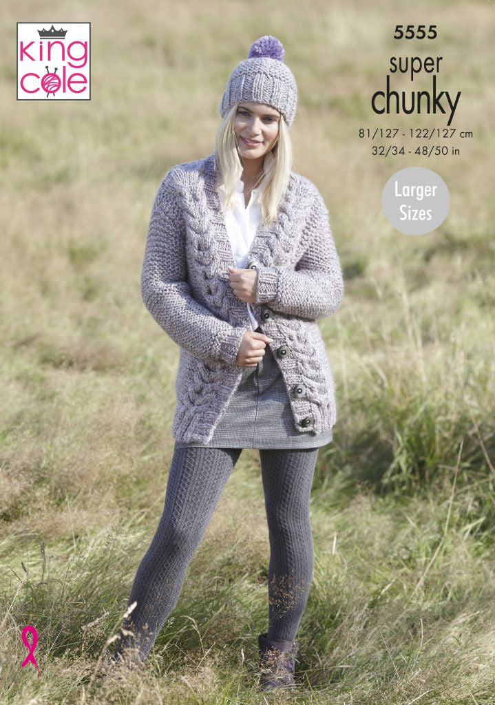 Knitting Pattern 5555 - Scarf, Cardigan & Hat Knitted in Big Value Super Chunky Stormy
