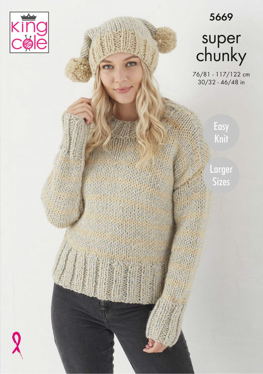 Knitting Pattern 5669 - Sweater, Hat & Scarf Knitted in Timeless Classic Super Chunky