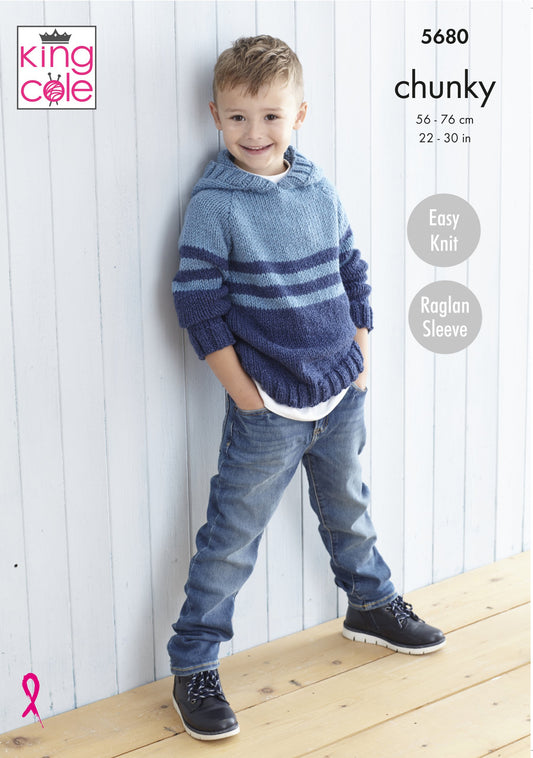 Knitting Pattern 5680 - Child’s  Sweater and Hooded Sweater Knitted in Subtle Drifter Chunky