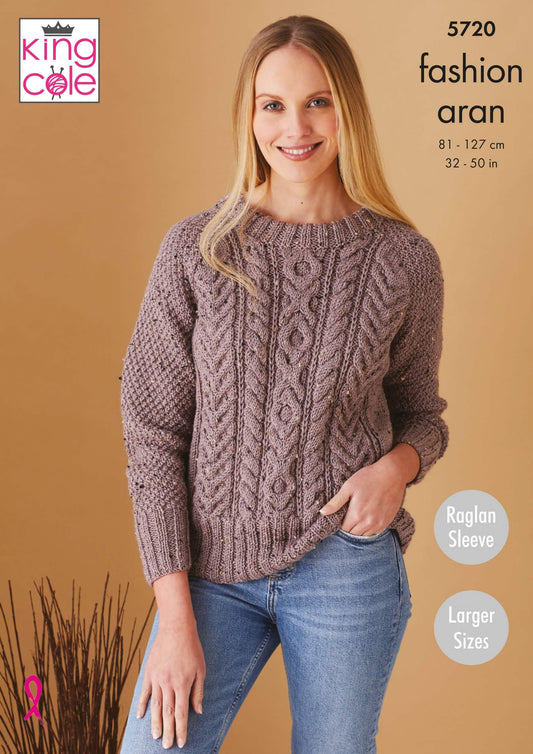 Knitting Pattern 5720 - Sweater & Cardigan Knitted in Fashion Aran