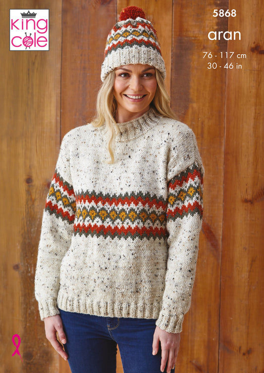 Knitting Pattern 5868 - Sweater & Hats Knitted in Fashion Aran