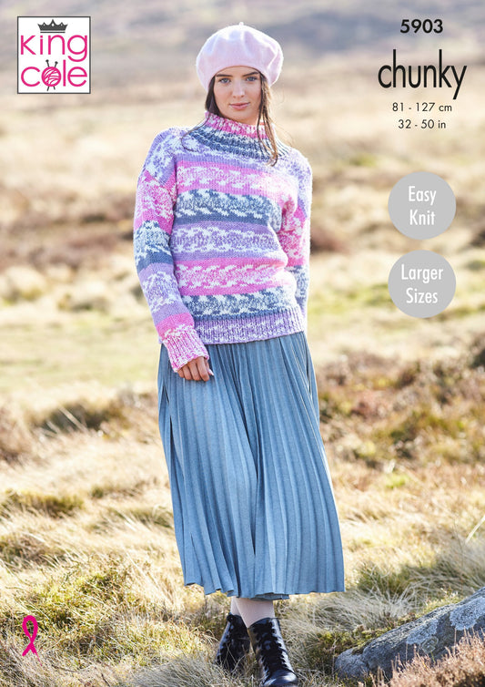 Knitting Pattern 5903 - Ladies Roll and Round Neck Sweaters: Knitted in King Cole Nordic Chunky