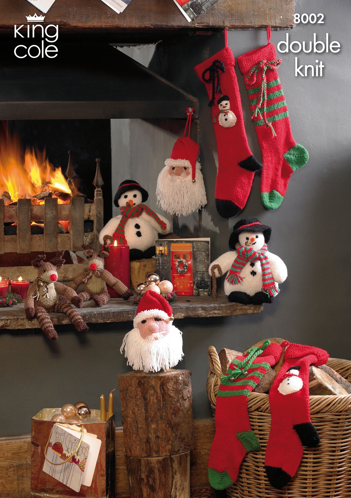 Knitting Pattern 8002 - Snowman, Santa Head, Rudolf and Christmas Stockings Knitted with Various King Cole DK
