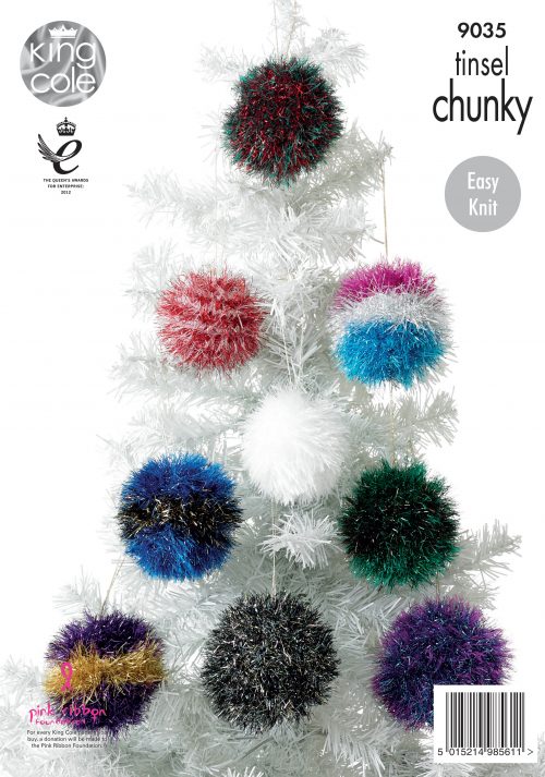 Knitting Pattern 9035 - Tinsel Christmas Trees & Baubles Knitted with Tinsel Chunky