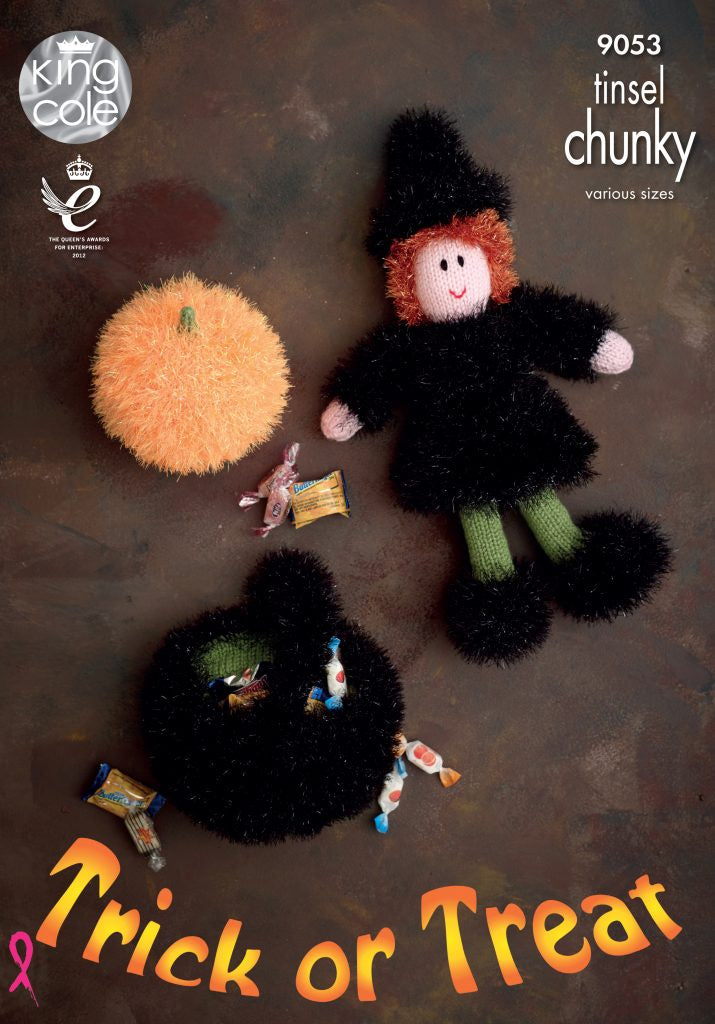 Knitting Pattern 9053 - Halloween, Witch, Pumpkin & Cauldron Knitted with Tinsel Chunky