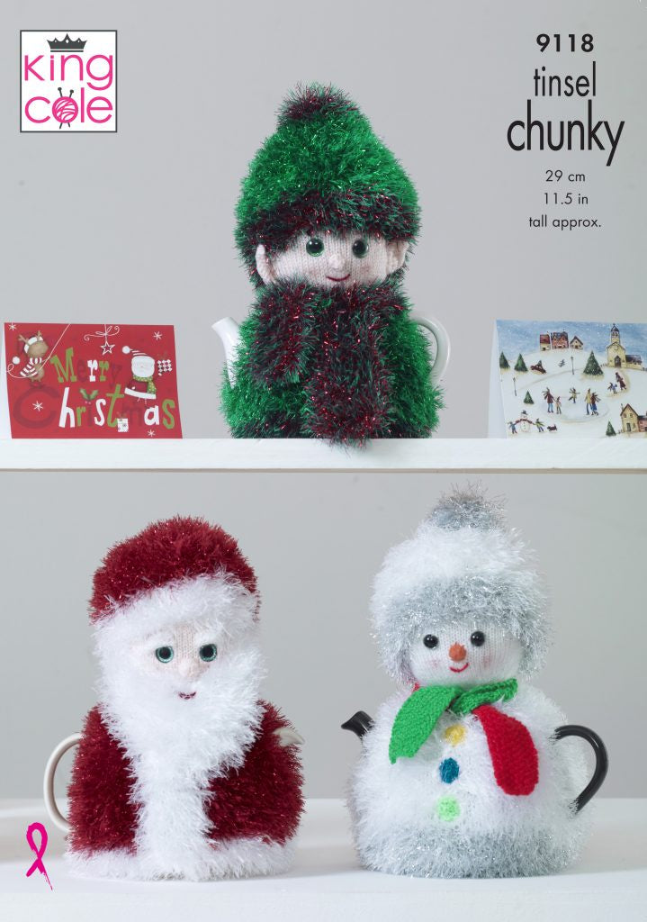 Knitting Pattern 9118 - Christmas Tea Cosies Knitted in Tinsel Chunky & Dollymix DK