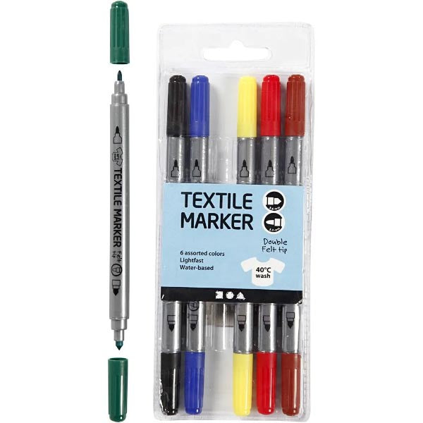 TEXTILE MARKERS - 6 Double-ended pens - PRIMARY COLOURS