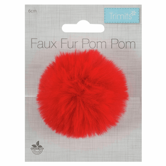 FAUX FUR POM POM - 1 PIECE - 6cm - Red